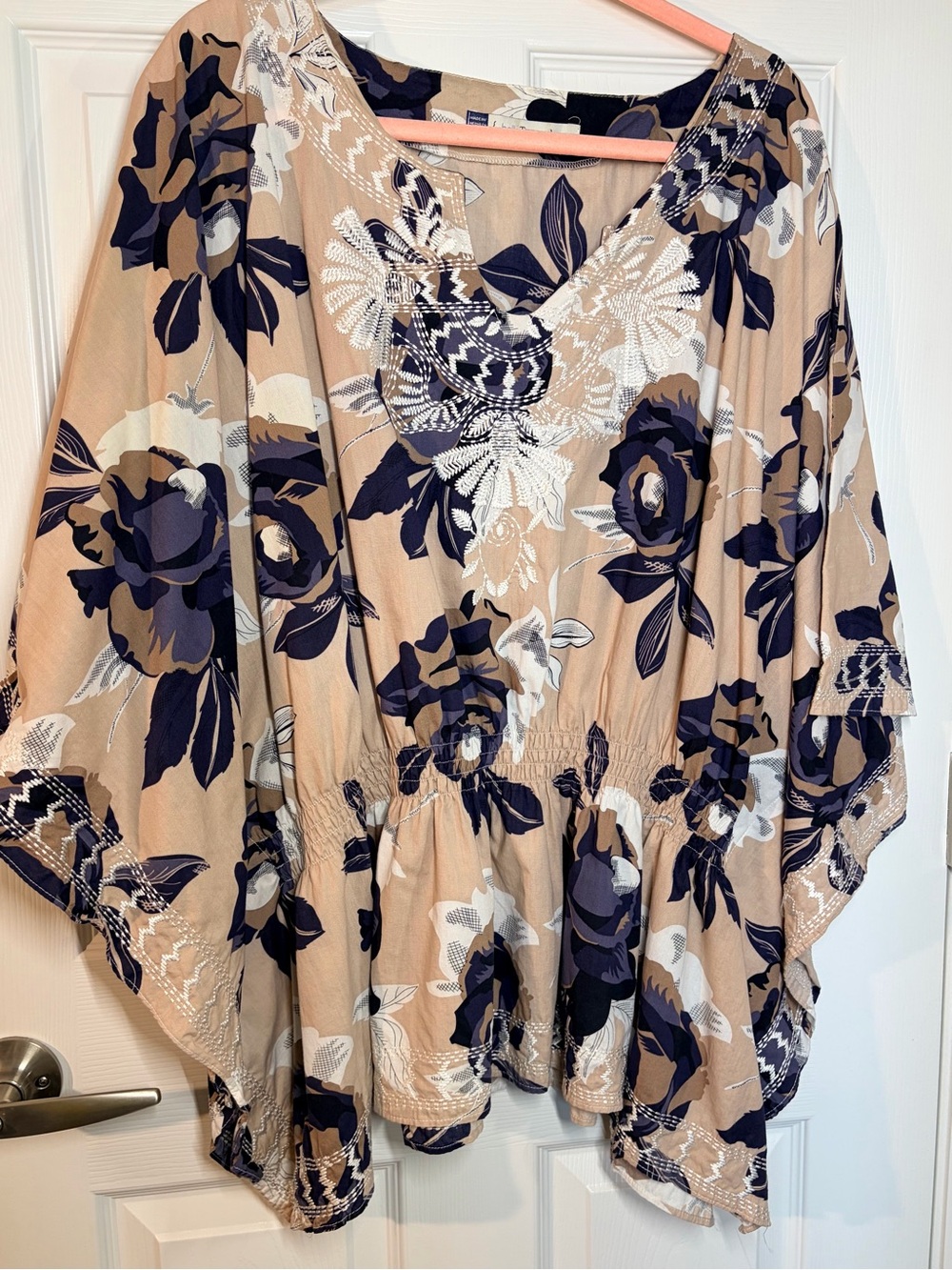 Beige and Navy Floral V-Neck Tunic Top